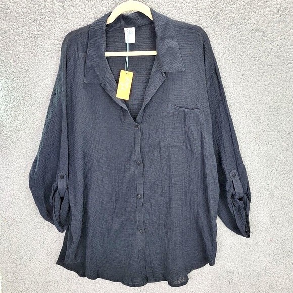 Kona Sol Other - Kona Sol Womens Swim Beach Cover-Up XL Black Roll Tab Flowy Button Up New NWT